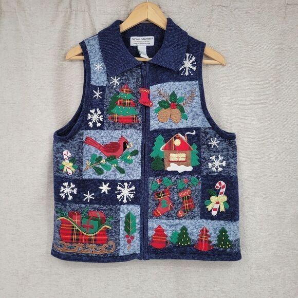 Heirloom Collectibles Y2K Embellished Christmas Sweater Zip Vest Blue Tartan - Picture 1 of 10
